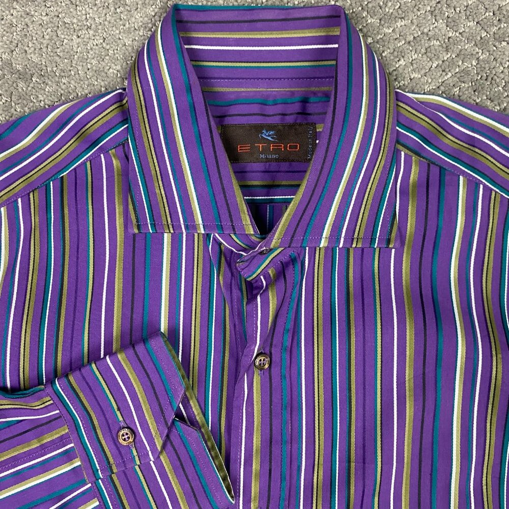 Etro Shirt Men's 40 Purple Green Gold Striped Button Down Up Cotton Milano NWOT